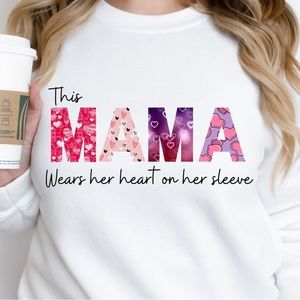 Mama Heart On Sleeve Crewneck With Customizable Names on Sleeve